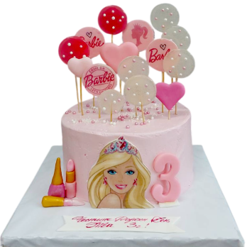 Pink Barbie children's cake with 2D sugar-fondant decorations on a stick and the number 3, model F1674 from Sladkarnitsa Roza