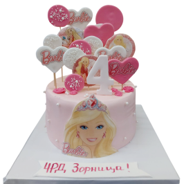 Pink Barbie children's cake with 2D sugar-fondant decorations and number 4, model F1500 from Sladkarnitsa Roza