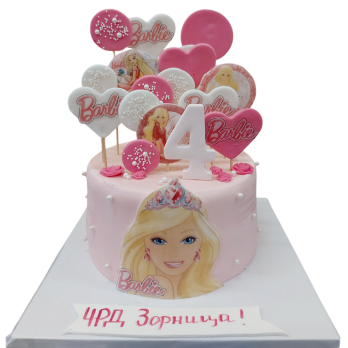 Pink Barbie children's cake with 2D sugar-fondant decorations and number 4, model F1500 from Sladkarnitsa Roza