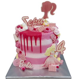 Two-tier pink Barbie cake with drip effect and 2D sugar-fondant decorations, model F1361 from Sladkarnitsa Roza
