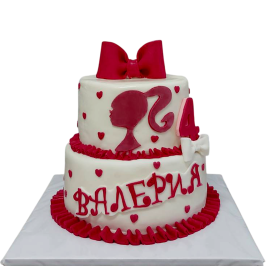 Двуетажна бяло-розова торта Barbie със 3D фонданова панделка и силует, модел Ф1362 от Сладкарница Роза