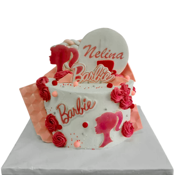 White Barbie children's cake with 2D sugar-fondant decorations and personalized name, model F1491 by Sladkarnitsa Roza