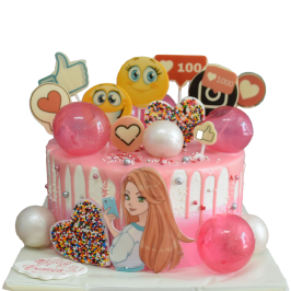 Pink drip cake with social icons and 2D sugar-fondant decorations, model F1136 from Sladkarnitsa Roza 🎂