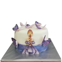 Омбре торта с момиче и лилави 3D пеперуди, модел Ф1146 от Сладкарница Роза 🎂