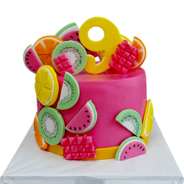 Pink cake with fondant slices of watermelon, lemon, orange and kiwi, F1813,