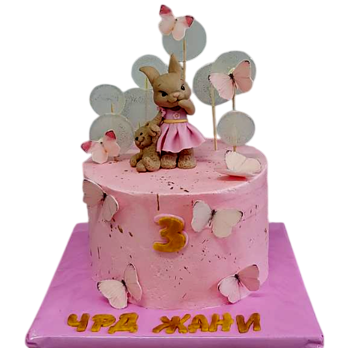 Pink children's cake "Bunny with butterflies" F1765 with a 2D print of a bunny, decorative butterflies and a number.