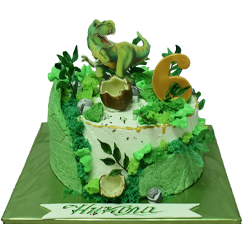 Children's cake with a dinosaur, green jungle, eggs and number 6 - model 1271.