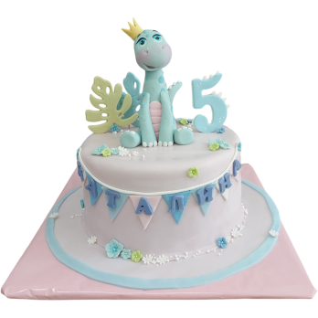 Kids cake in pastel colors with a dinosaur with a crown, number 5 and colorful decorations.