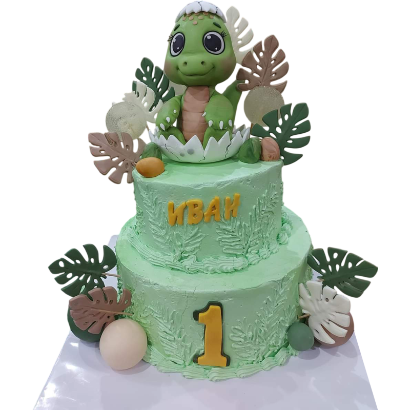 🦕 Baby Dino Cake – Green Two-Tier Cake with Dinosaur F-1456