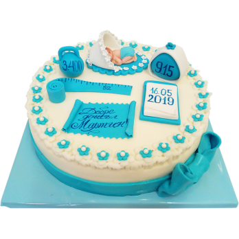 Baby cake in white and blue with birth data - time, weight, height, date and baby figurine. Model F-167 from Rosa Confectionery.