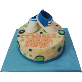 Baby cake "Boris" with blue and white floats, colorful circles and personalized inscription - model by Sladkarnitsa Roza.