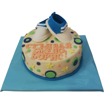 Baby cake "Boris" with blue and white floats, colorful circles and personalized inscription - model by Sladkarnitsa Roza.