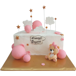 Rectangular white cake with a teddy bear, pink balls, clouds and gold stars – model "6 months Vasilena".
