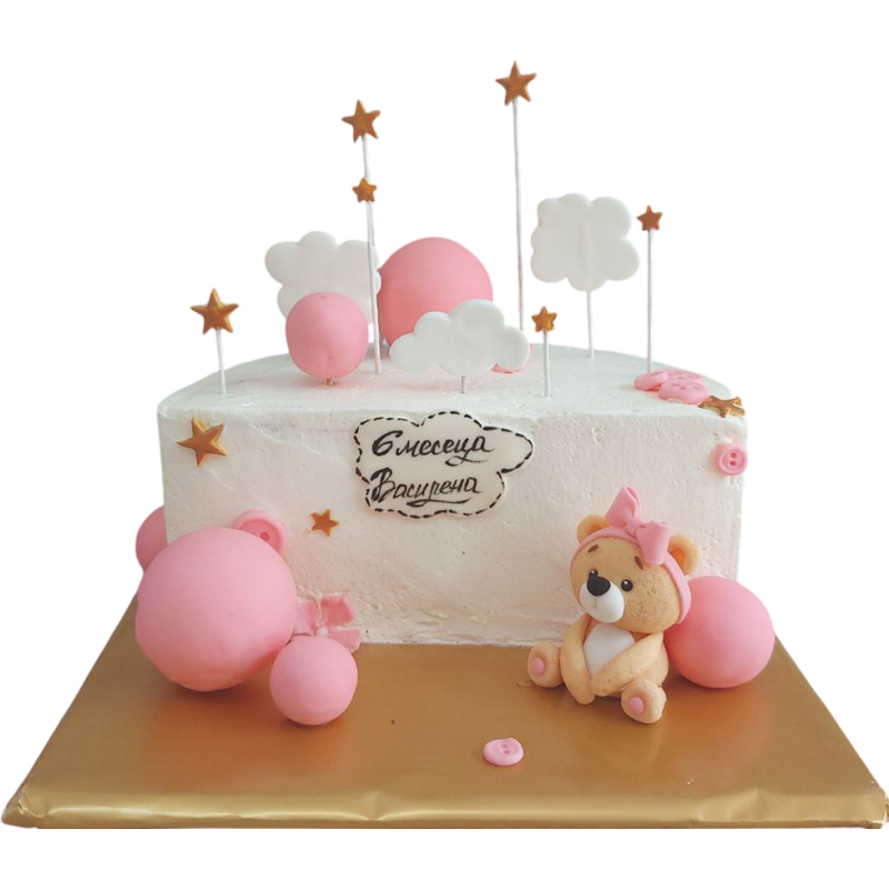 🎀🐻 Cake "6 months - Vasilena" | Children's cake with a bear, clouds and pink decorations F-1343 🎀🐻 Cake "6 months - Vasilena" | Children's cake with a bear, clouds and pink decorations F-1343