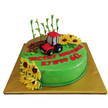 Tractor cake, sunflowers and wheat stalks on a green base - farmer theme cake.