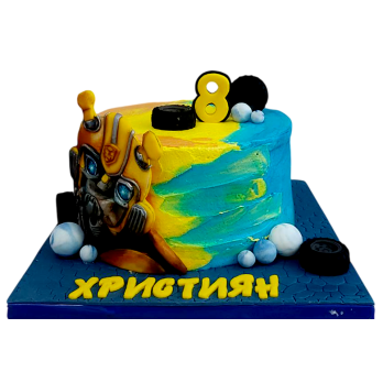 Children's cake "Bumblebee" with 3D fondant relief, tires and number 8 - F1696