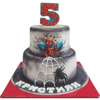 Two-tiered Spiderman children's cake with 2D printed decoration and 3D spider web – F1740