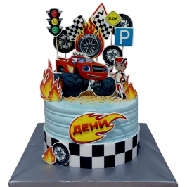 Children's cake F1997 in light blue color with chessboard and decorations with printed images of Flame